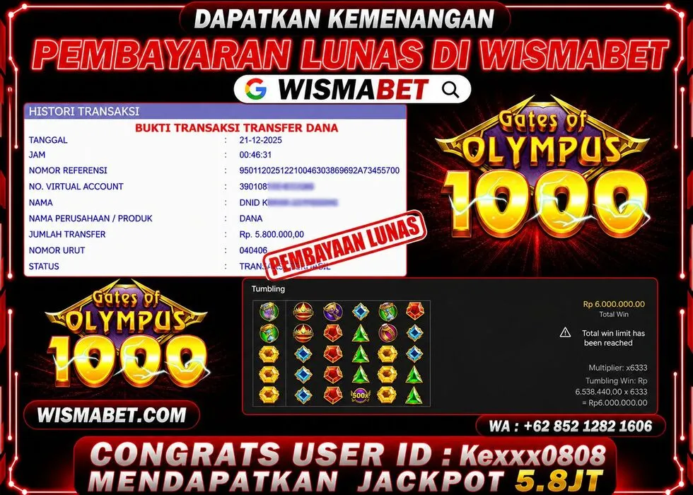 Wismabet - BUKTI KEMENANGAN Gates Of Olympus 1000 Rp5,800,000,- LUNAS